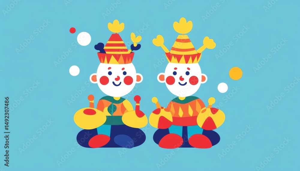 Naklejka premium Joyful twins playing with reversed traditional toys colorful flat design fun environment whimsical concept