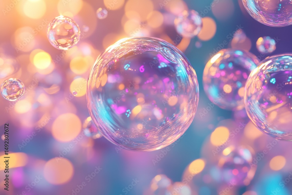 Floating iridescent bubbles with bokeh background for abstract art and festive designs. Floating iridescent bubbles with bokeh background for abstract art and festive designs.
