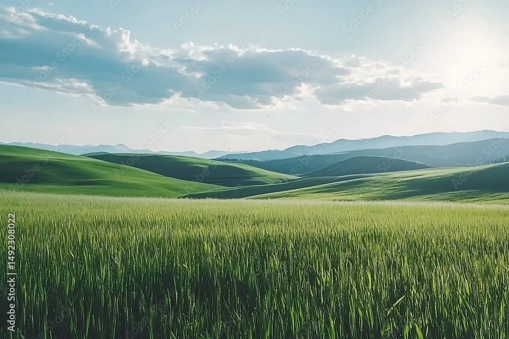 Fototapeta premium Lush green fields meet rolling hills under a serene sky