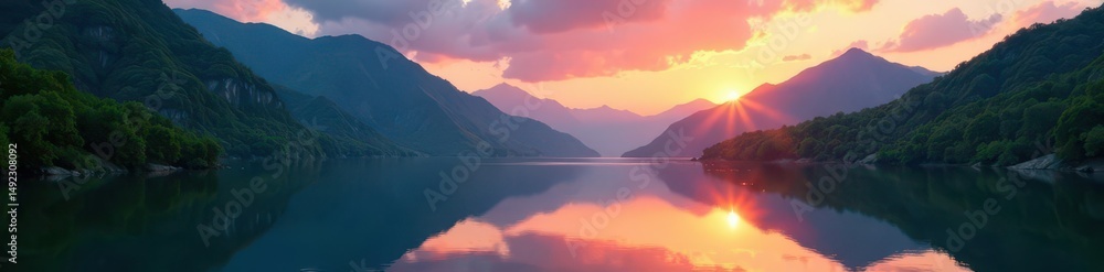 Fototapeta premium Sunset lake reflecting vibrant green mountains, fall, green, picture