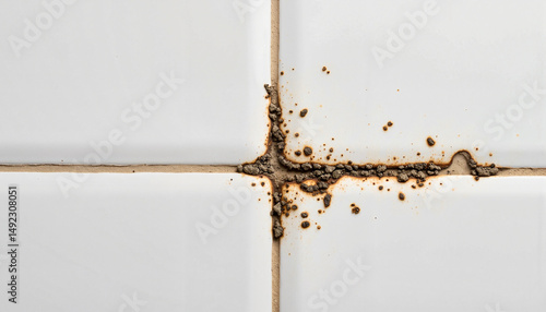 Close-up of dirty grout lines between white tiles showcasing neglect and wear © Olga's Design