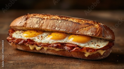 Bacon, egg, cheese sub sandwich on rustic wood