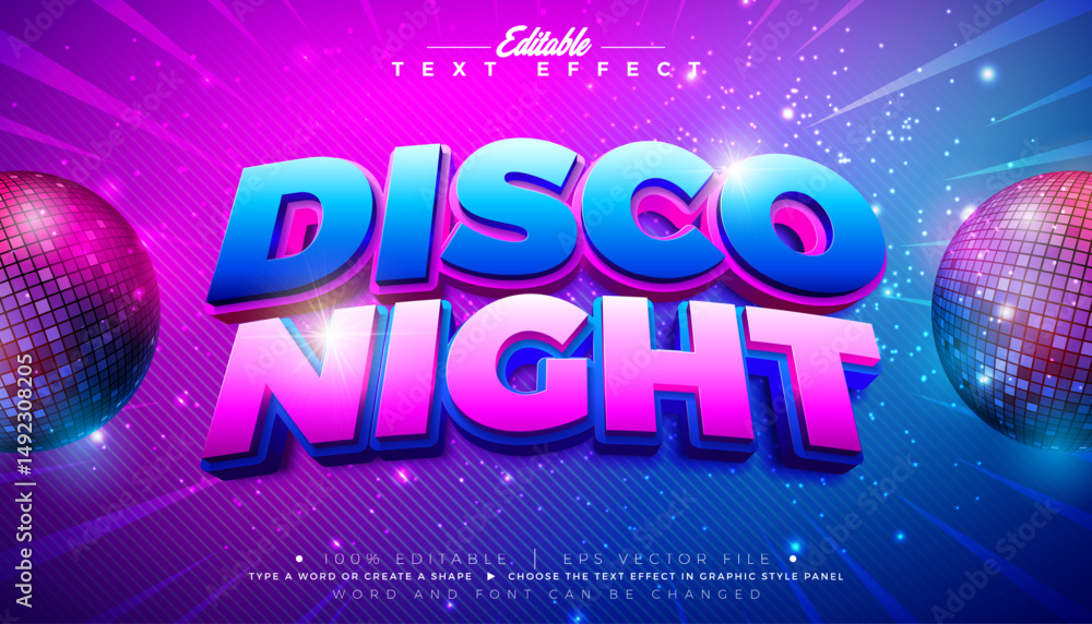 Obraz Disco Night 3D Text Effect Design Editable and Scalable Vector Music Theme Graphic Style Effect with Blue and Pink Typography Lettering with Shadow and Shiny Disco Ball on Striped Background. Premium