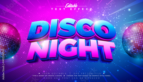 Disco Night 3D Text Effect Design Editable and Scalable Vector Music Theme Graphic Style Effect with Blue and Pink Typography Lettering with Shadow and Shiny Disco Ball on Striped Background. Premium