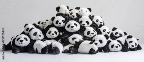 a pile of panda plush toys