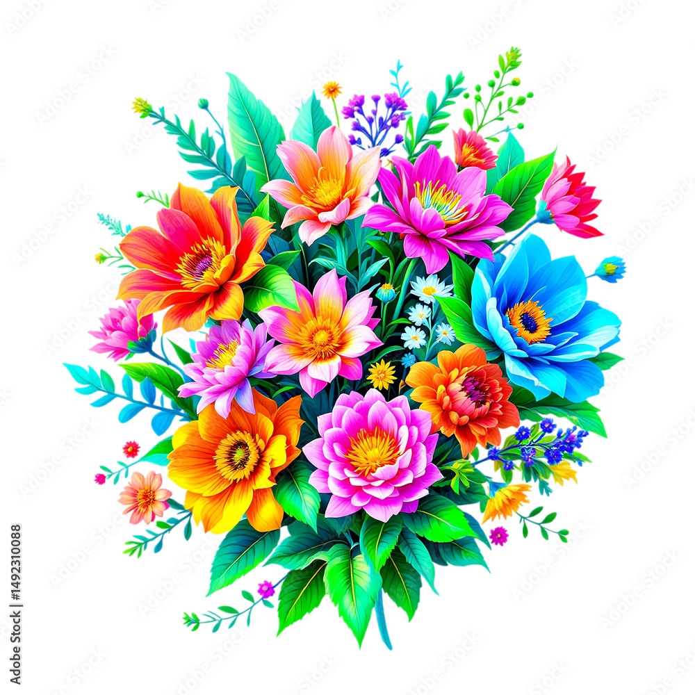 Neon colors bouquet of flowers on white Neon colors bouquet of flowers on white