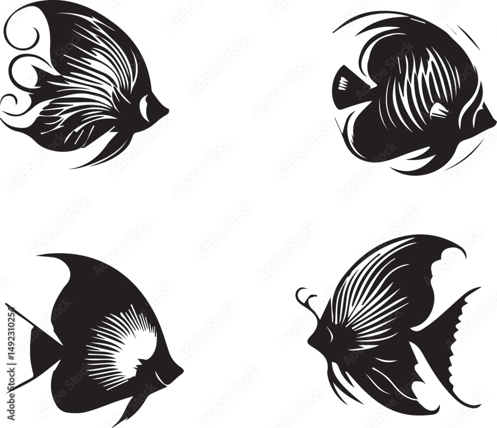 Obraz premium Butterfly Fish Silhouette Vector Set – Tropical Marine Fish Outline Illustrations for Graphic and Print Use