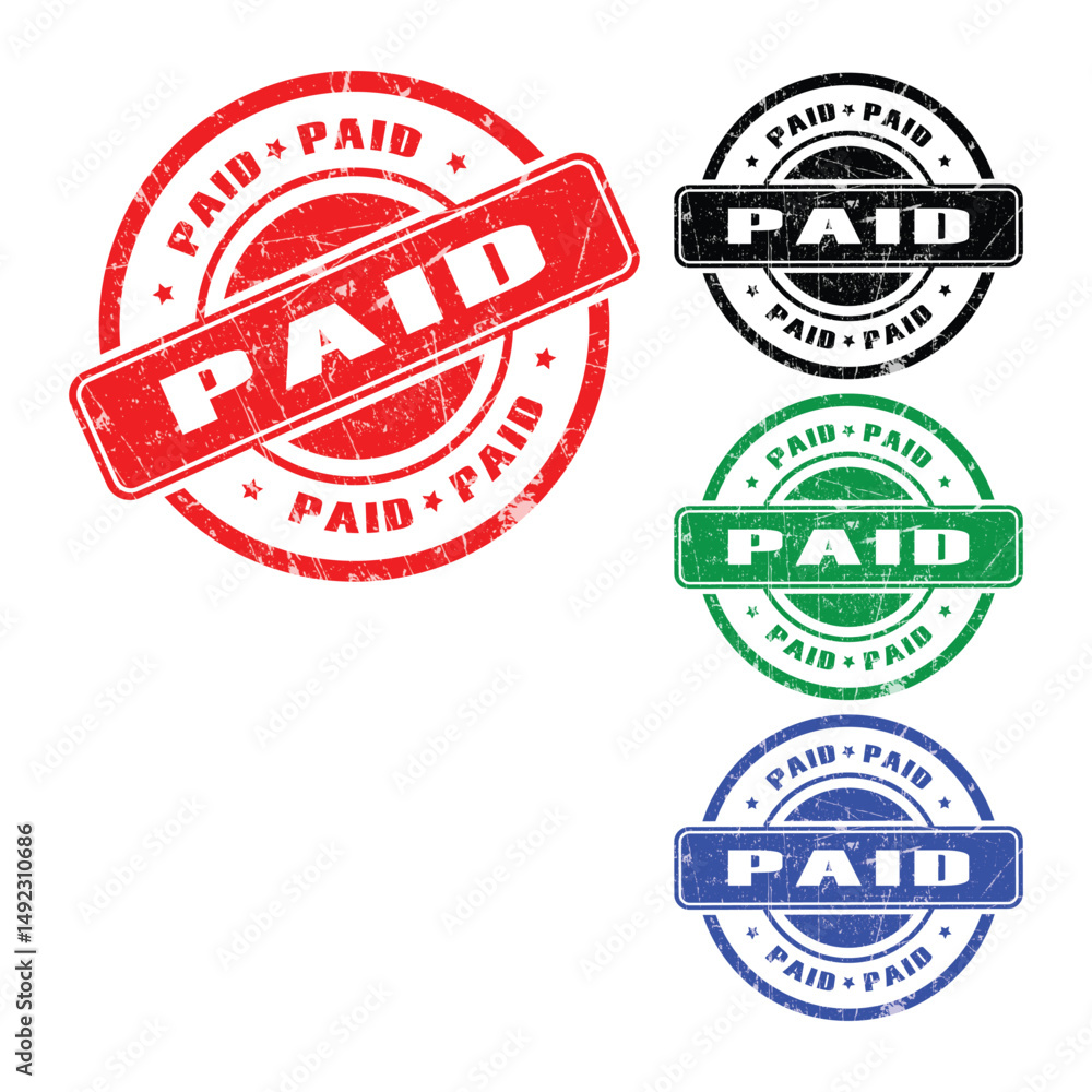Obraz premium Paid Stamp Collection in Red, Black, Green, and Blue – Grunge Round Label Set