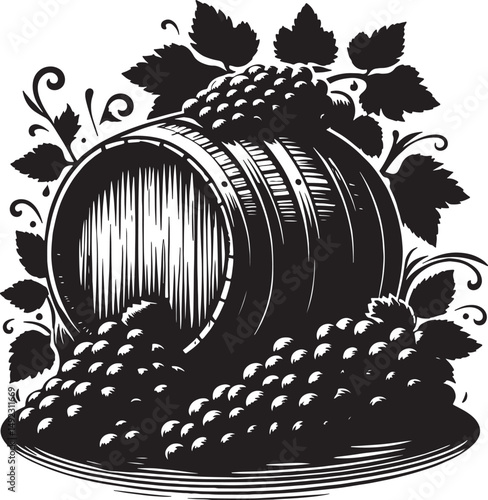 A black and white illustration of a wine barrel with grapes and decorative foliage