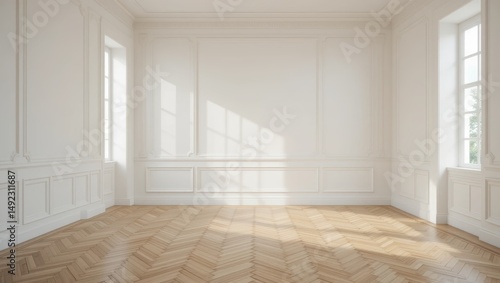 Wallpaper Mural Bright, Minimalist White Room with Natural Light and Elegant Wood Flooring in Spacious Interior Torontodigital.ca