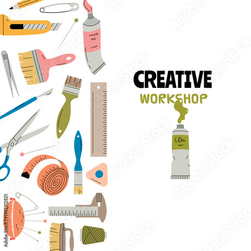 Creative workshop. Background template with creative tools for designers
