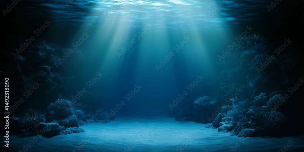 Naklejka premium Surreal Underwater Ocean Scene with Sunlit Coral and Quiet Ambience