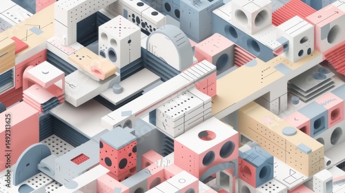 Clean isometric 3D abstract blocks forming a geometric structure with pastel or monochrome palette, showcasing a minimal and modern tech layout.
