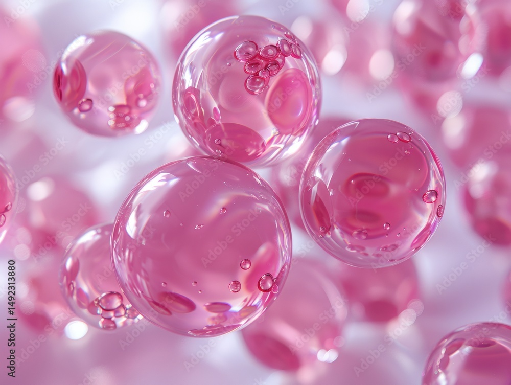 Several shiny translucent pink spheres contain smaller bubbles suspended within them on a soft pink backdrop. Several shiny translucent pink spheres contain smaller bubbles suspended within them on a soft pink backdrop.