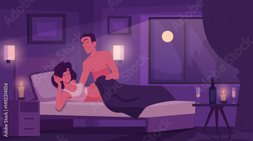 Relationship in bed. Couple lovers playing in bed exact vector cartoon background