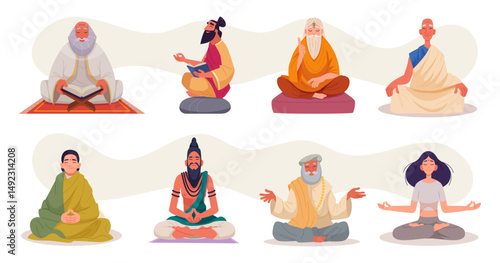 Purnima characters. Spiritual teachers and gurus exact vector mentors persons