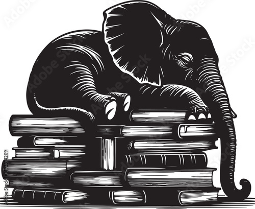 A black and white illustration of an elephant resting on a stack of books art