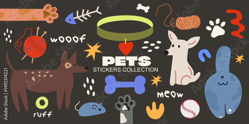 Collection of cute cartoon pets stickers. Vector pets, cats and dogs clipart in a groovy style. Zoo set, accessories and equipment for animals in doodle retro style