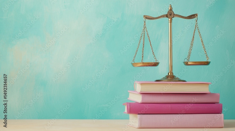 Balanced Scales of Justice on Top of Colorful Books Against a Light Blue Background Balanced Scales of Justice on Top of Colorful Books Against a Light Blue Background