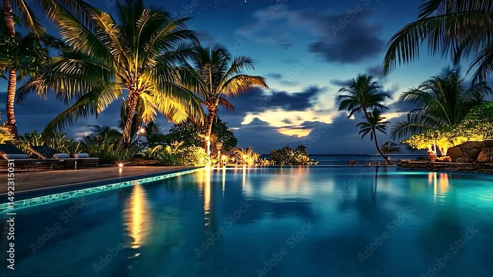 Night and sunset illuminate a luxurious resort pool surrounded by tropical palm trees, inviting a relaxing summer vacation Night and sunset illuminate a luxurious resort pool surrounded by tropical palm trees, inviting a relaxing summer vacation