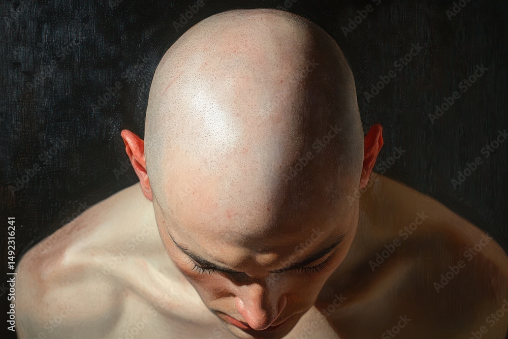 Naklejka premium Close-up of a bald man with head bowed and eyes closed, highlighting smooth skin and detailed facial features against a dark background, conveying introspection or contemplation