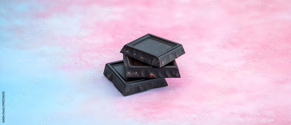 Fototapeta premium Dark Chocolate Squares Stacked On Pastel Background