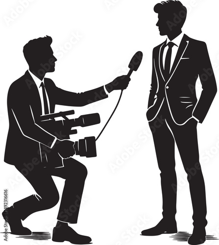 Silhouette of a journalist interviewing a man in a suit with a microphone and camera