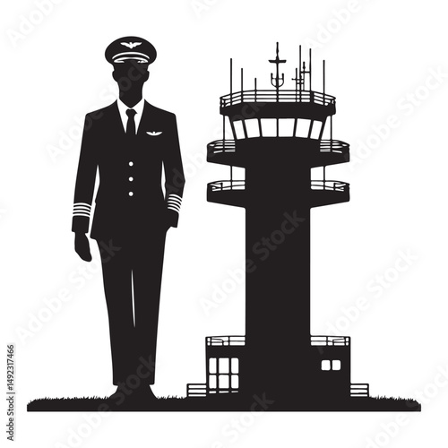 Pilot Silhouette Standing Near Air Traffic Control Tower