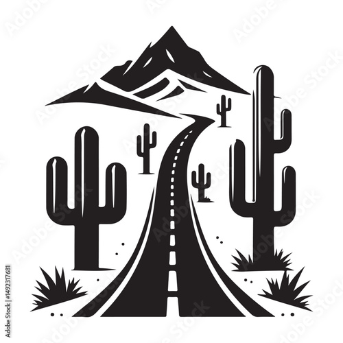 Scenic Desert Highway Landscape with Cacti and Mountain Black Silhouette Art