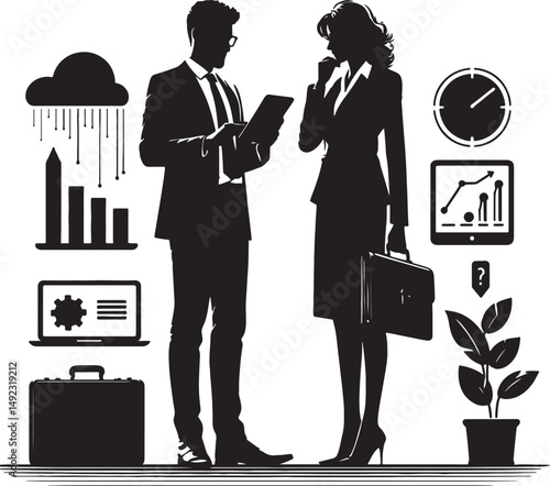 Silhouette of business professionals with data charts and office related objects