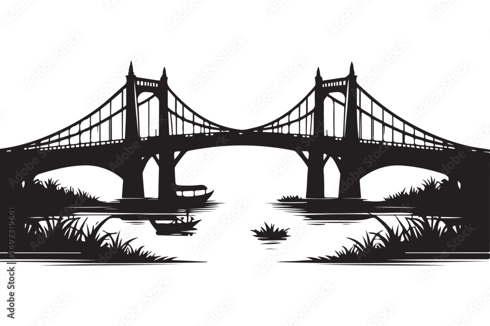 Obraz premium Silhouette Bridge over River Illustration Vector Graphic Stock
