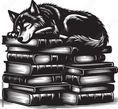 A black and white illustration of a wolf sleeping on top of a stack of books art