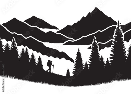 Majestic Mountain Hiking Adventure Scenic Landscape Black and White Illustration