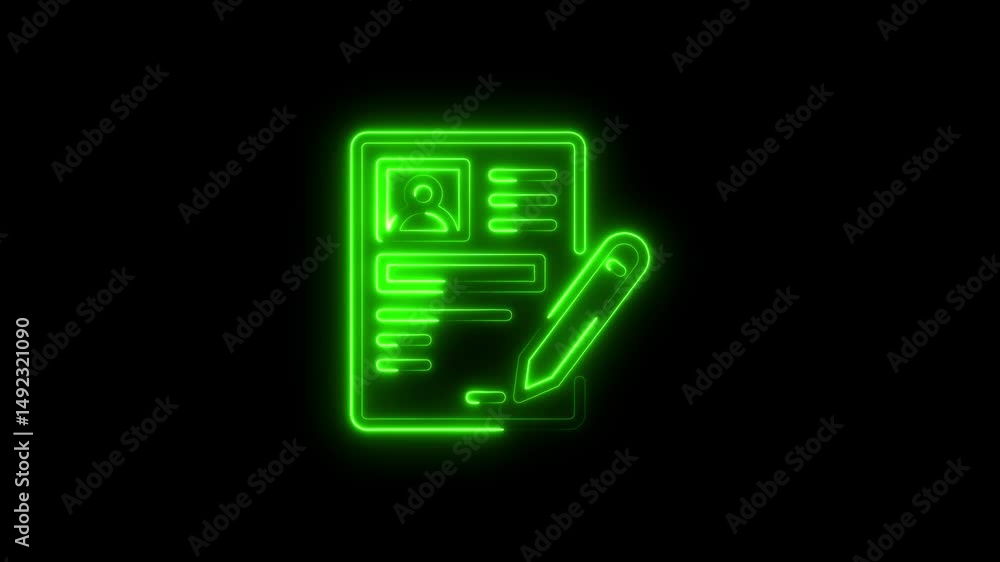 Glowing neon icon of a resume or application with pencil for sign up Glowing neon icon of a resume or application with pencil for sign up
