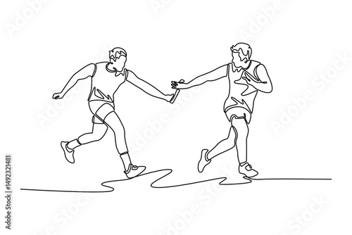 Single continuous line drawing man team running with baton in relay on outdoors stadium track together. Collaboration and athlete group in running competition. One line draw design vector illustration
