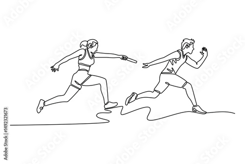 Single continuous line drawing sprinters male and female pass baton in thrilling relay race. Sprint or teamwork for cardio training or workout. Dynamic one line draw graphic design vector illustration