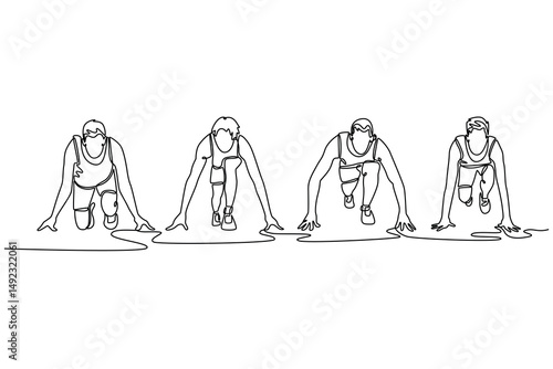 Single continuous line drawing front view male athletes on starting line prepares to run at the running track in outdoors stadium. Sportsman sprinting. One line draw graphic design vector illustration