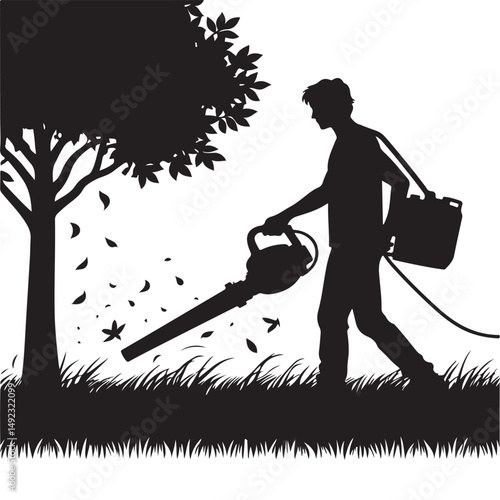 Man Using Leaf Blower Silhouette Illustration Yard Work Design