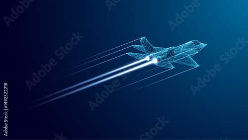Fighter jet with speed light line. Supersonic digital jet fighter in futuristic wireframe style. Technology military airplane hologram. High-speed innovations concept. Abstract aircraft background.