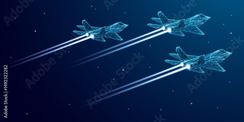 Military three Fighter Jets in flight. Digital airplane in futuristic low poly wireframe style. High-speed tech innovation concept. Army aircraft in nightly starry sky. Tech aviation background.