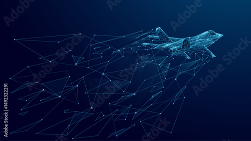 Abstract fighter jet. Digital military supersonic airplane. Technology innovation speed concept. Abstract wireframe aircraft consist of connected dots. Tech background. Vector futuristic illustration.