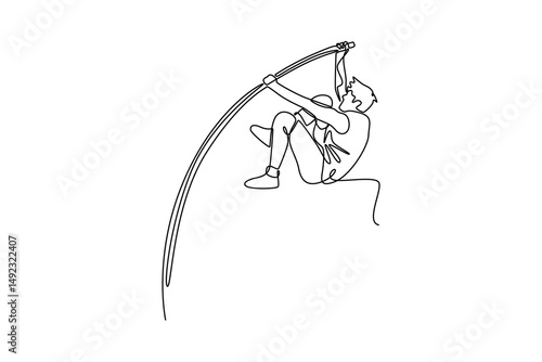 Single one line drawing active male athlete pole vaulter to pole bend during athletics competition. Dynamic approach to clearing impressive height. Continuous line design graphic vector illustration