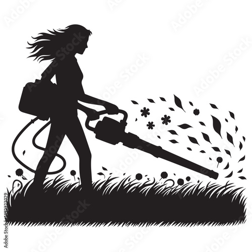 Silhouette Gardener with Leaf Blower Taming Nature's Debris Vector Art