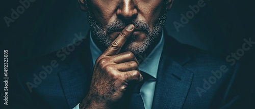 Close-up of a man in a suit, his finger on his lips, suggesting secrecy or discretion