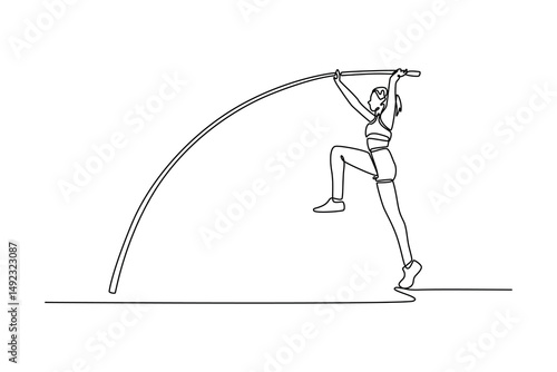 Single one line drawing female athlete on world championship ready to successfully jumping with pole over the bar. Sport achievement experience. Continuous line draw design graphic vector illustration