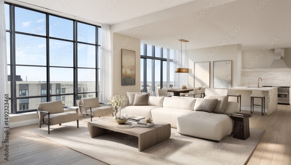 Fototapeta premium Bright apartment featuring large windows and a neutral color palette for an open, airy feel.
