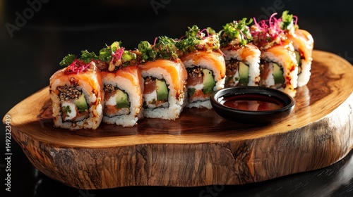 Gourmet Salmon Sushi Roll, Restaurant, Dark Background, Menu Photo