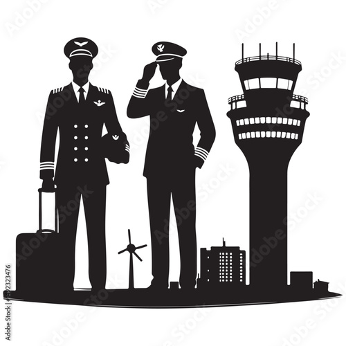 Pilots and Airport Control Tower Silhouette Illustration Aviation Profession