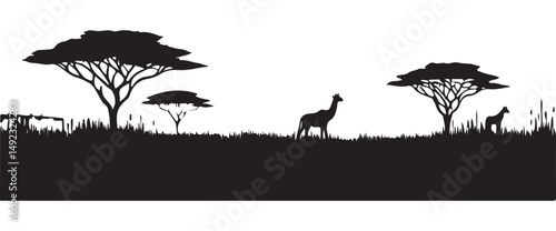 African Savannah Landscape Silhouette Vector Scene Giraffe Illustration