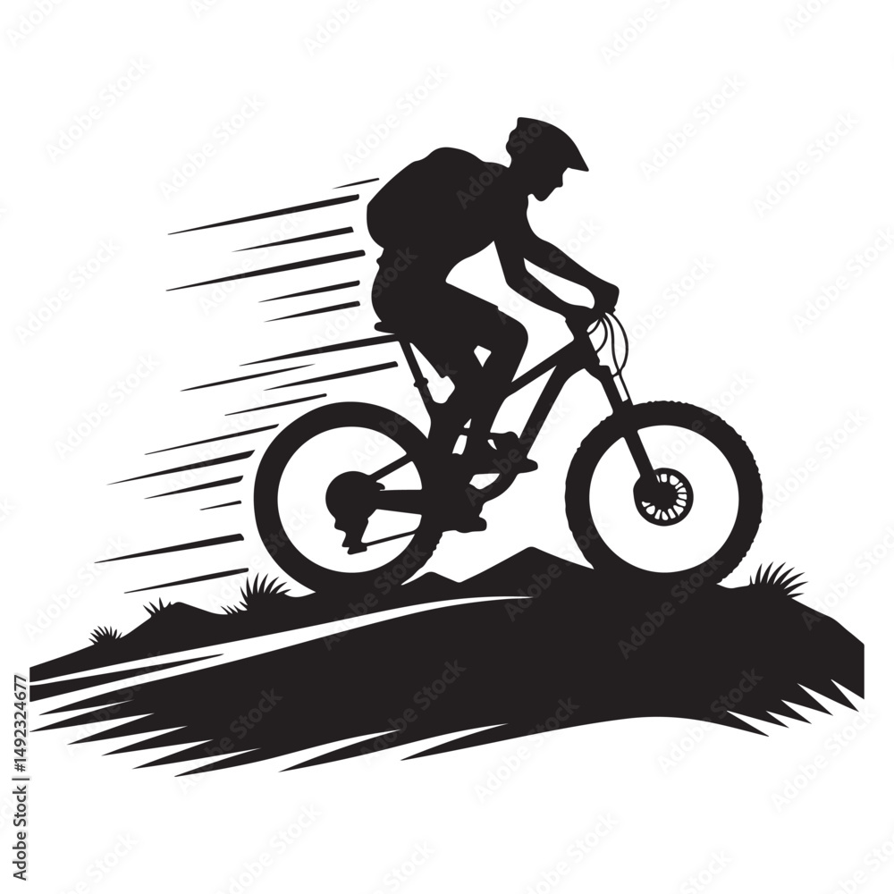 Naklejka premium Mountain Biker Riding Downhill Silhouette Vector Illustration Design Template